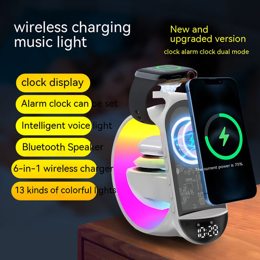 6-in-1 Bluetooth Speaker & Wireless Charger with Ambience Light & Alarm Clock